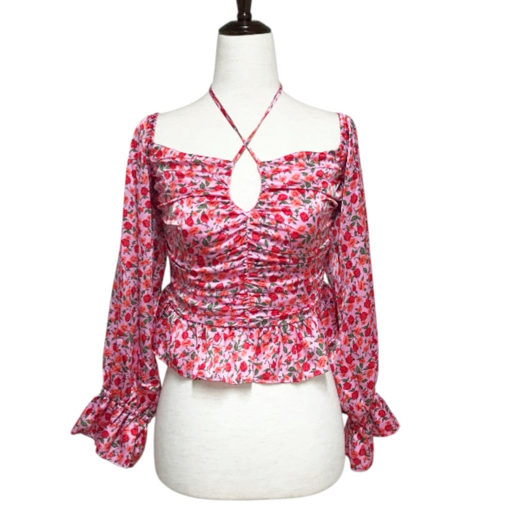 WAYF Pink Rose Floral Sweetheart Ruched Peplum Top Cottagecore Coquette Small